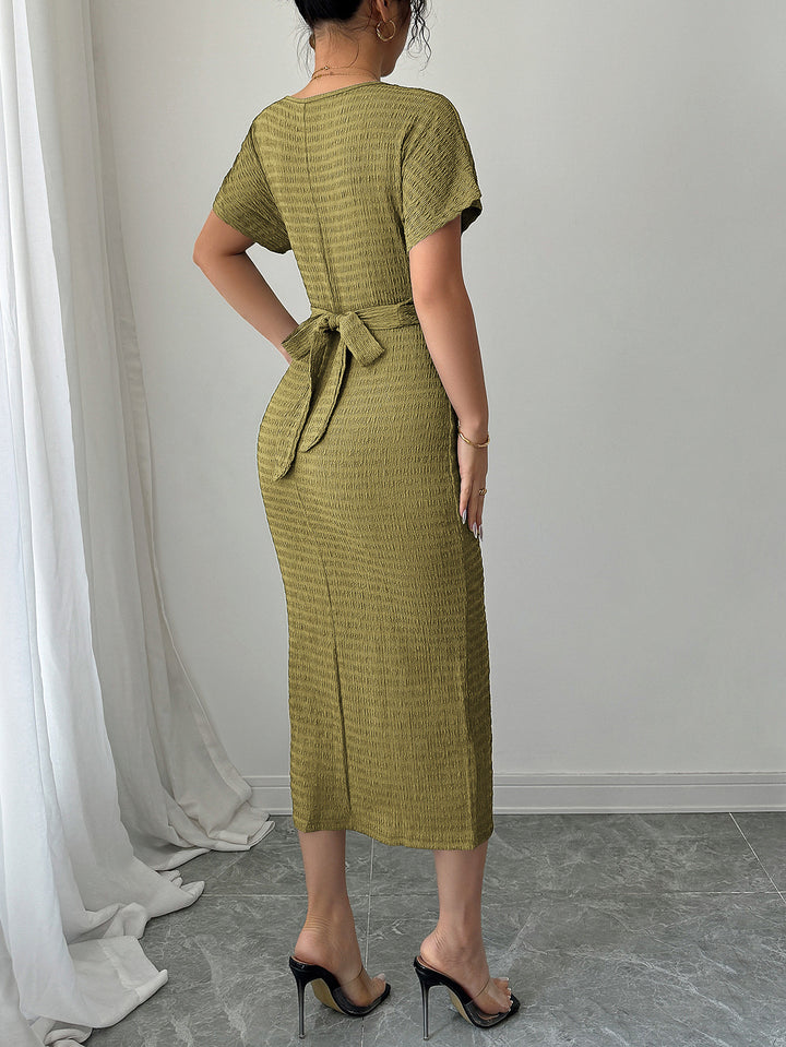 Olive Bodycon Ruched Midi Dress