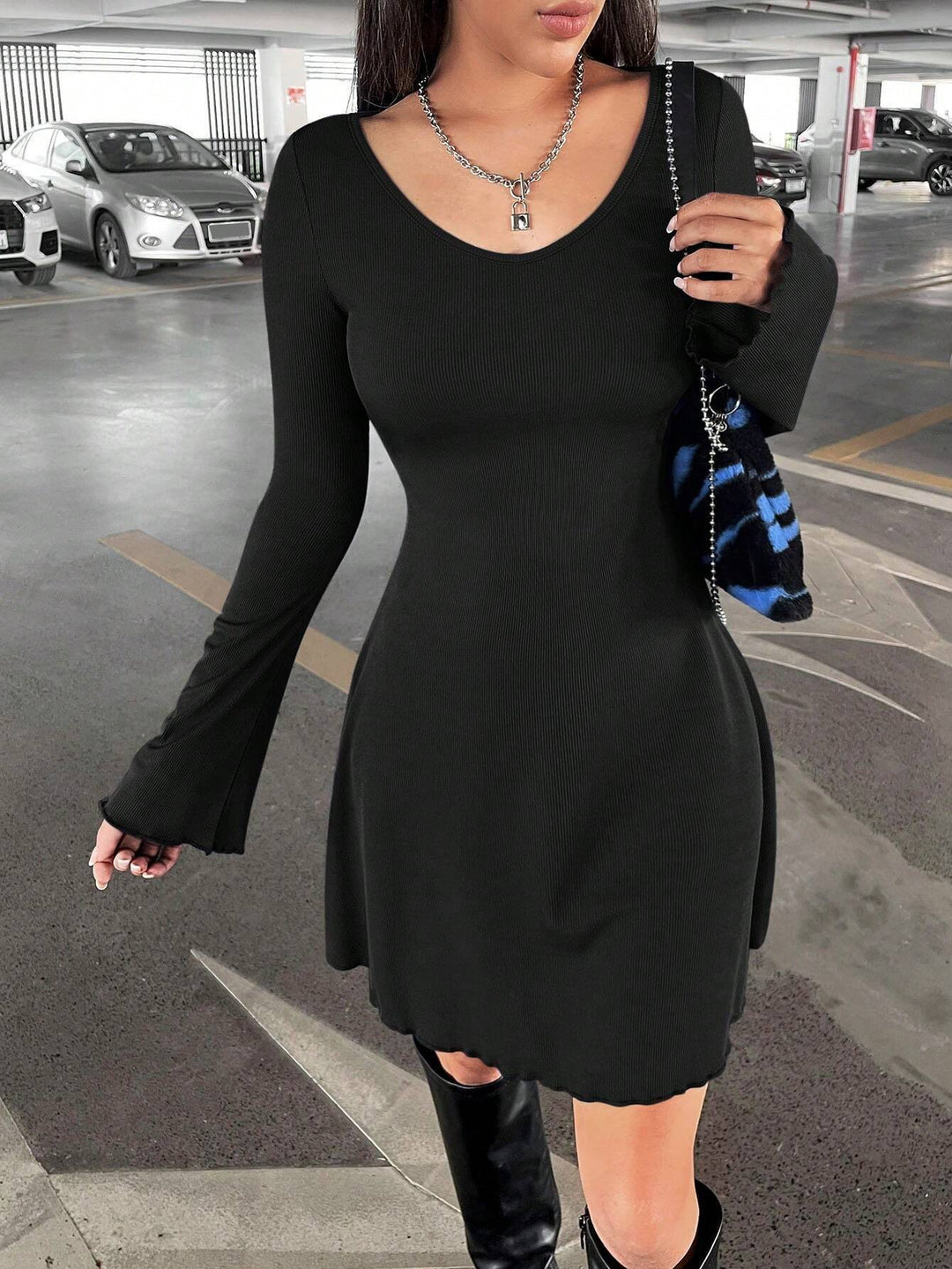 Black Full Sleeved Ribbed Knit Dress