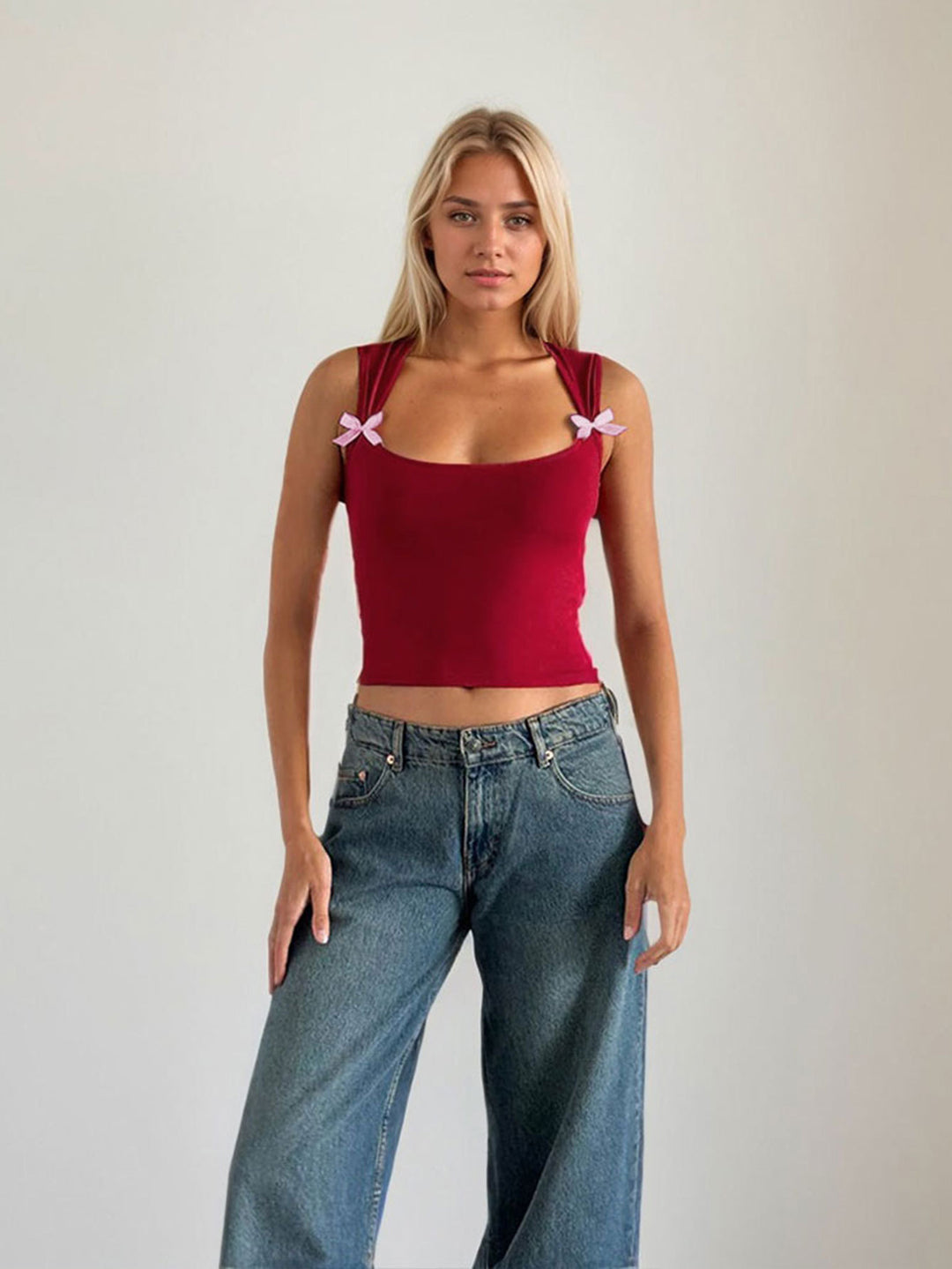 Red Broad Strap Bow Attached Top