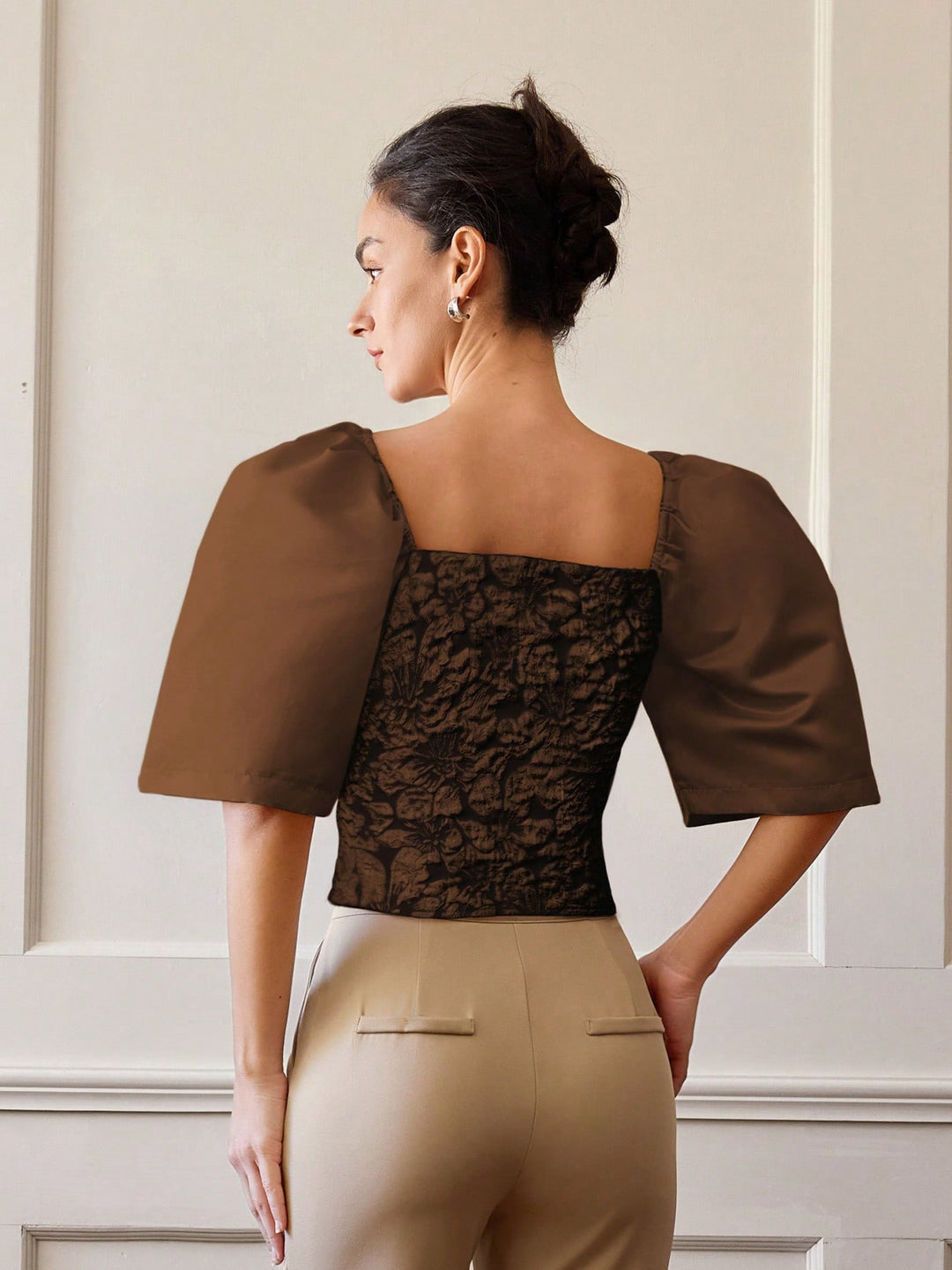 Brown Floral Textured Fitted Top