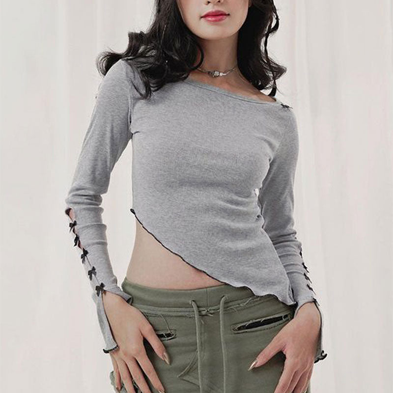 Grey Slant Hem Full Sleeves Button Detail Top