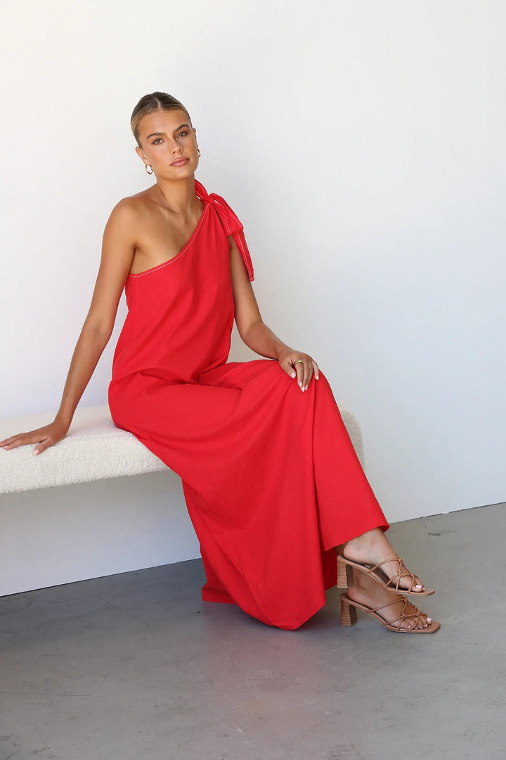 Red One Shoulder Tie-Up Dress