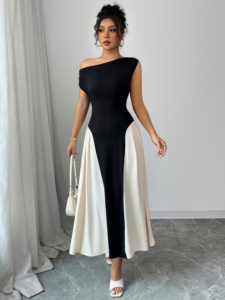 Black One Shoulder Colour Block Dress