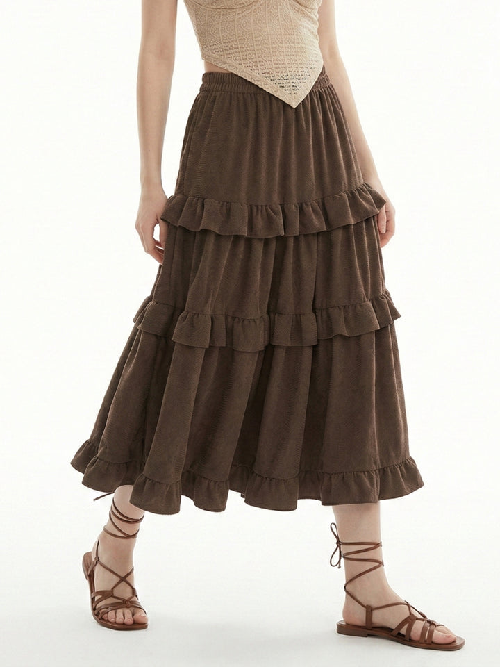 Brown Tiered Ruffle Detail Flared Skirt