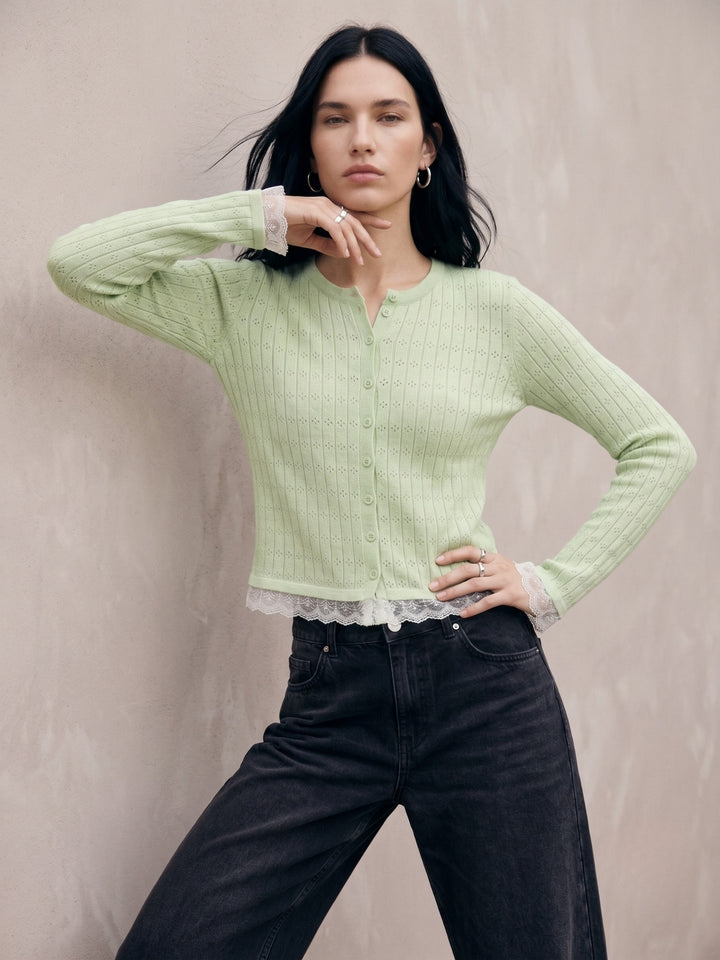 Mint Button Down Top With Lace Inserts At Hem And Sleeves