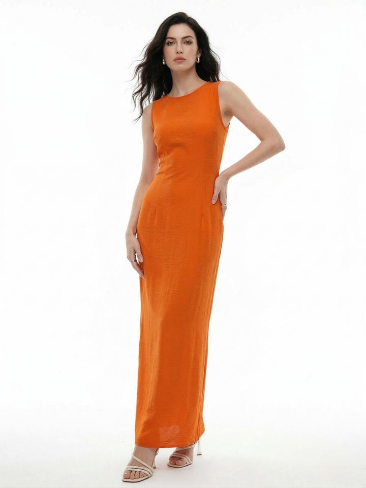 Orange High Neck Solid Textured Maxi