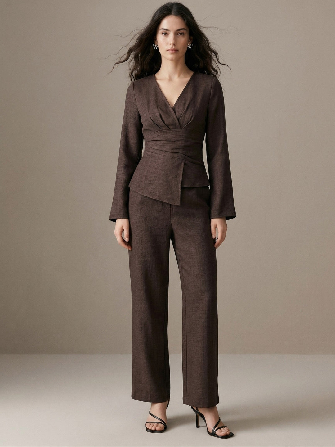 Brown Textured Wrap Top With Trousers Co-Ord Set