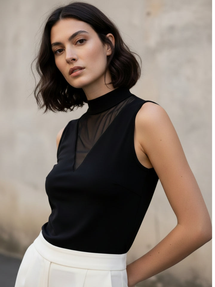 Black Sleeveless Round Neck Mesh Detail Top