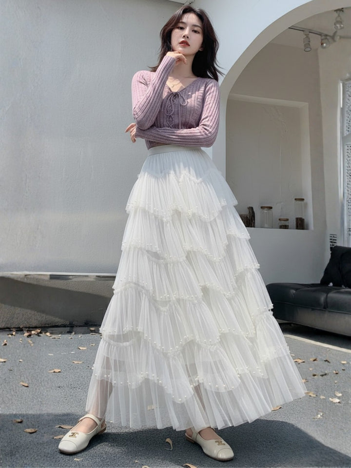 White Sheer Multi Ruffled Hem Tiered Skirt
