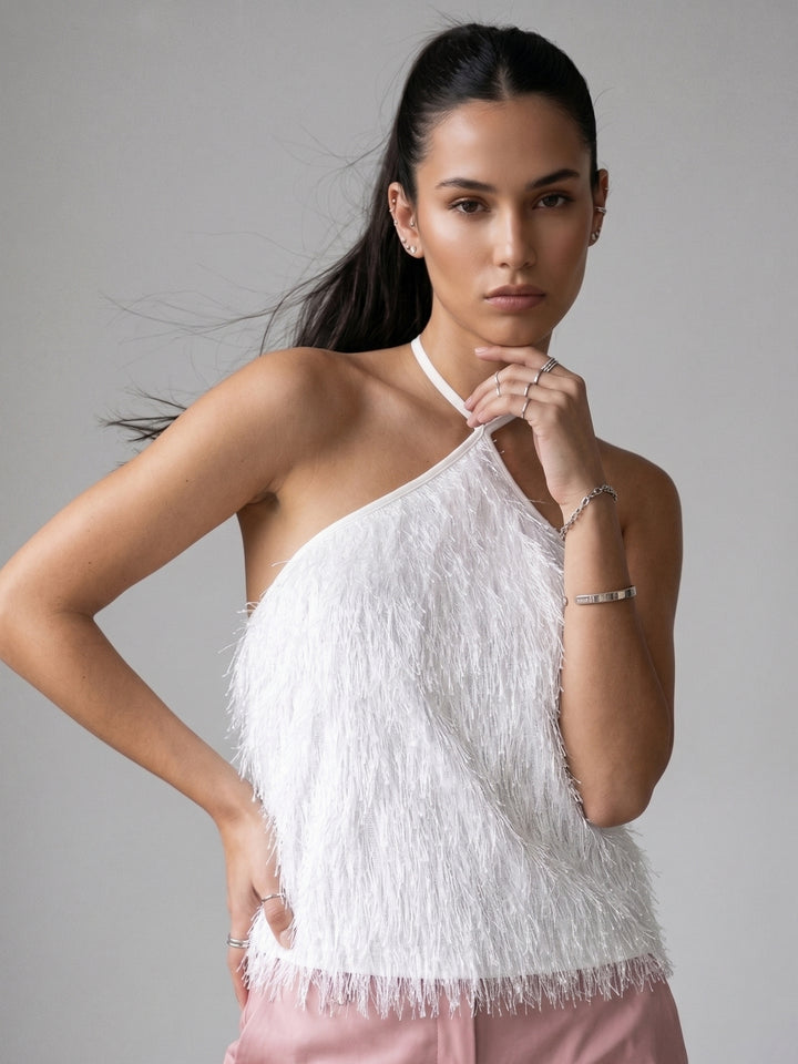 White Halter Neck Furry Top
