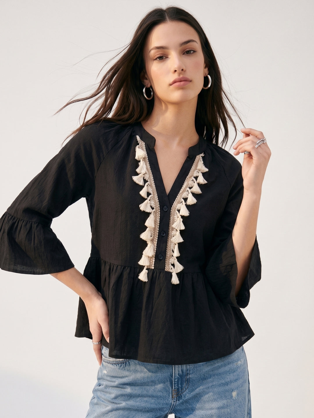 Black Tassel Detail Collared Top