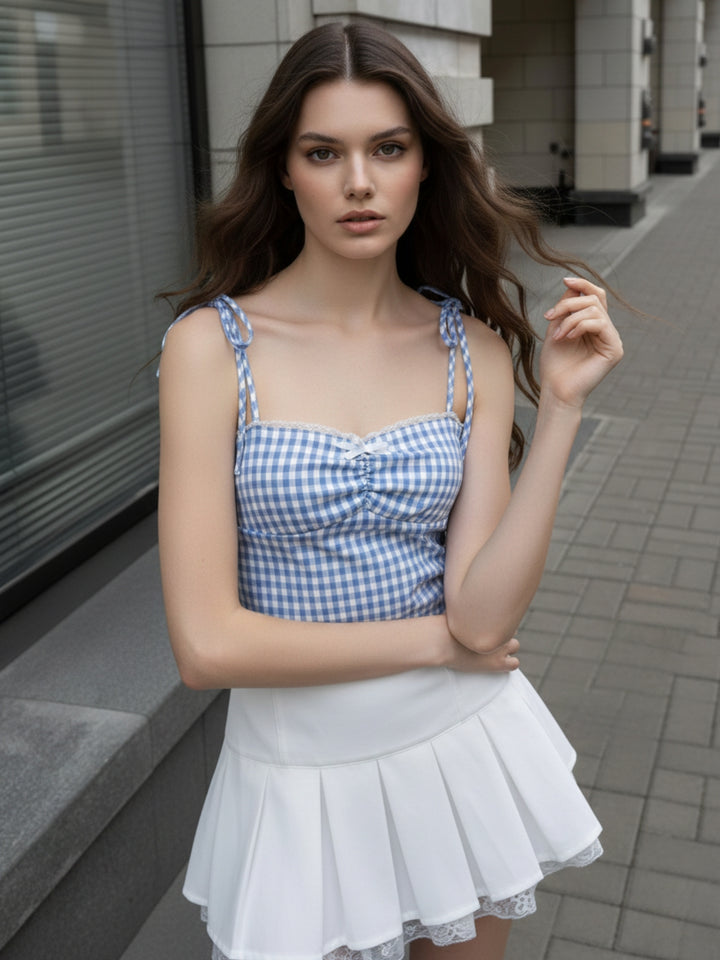 Blue Spaghetti Strap Ruffle Neckline Camisoles