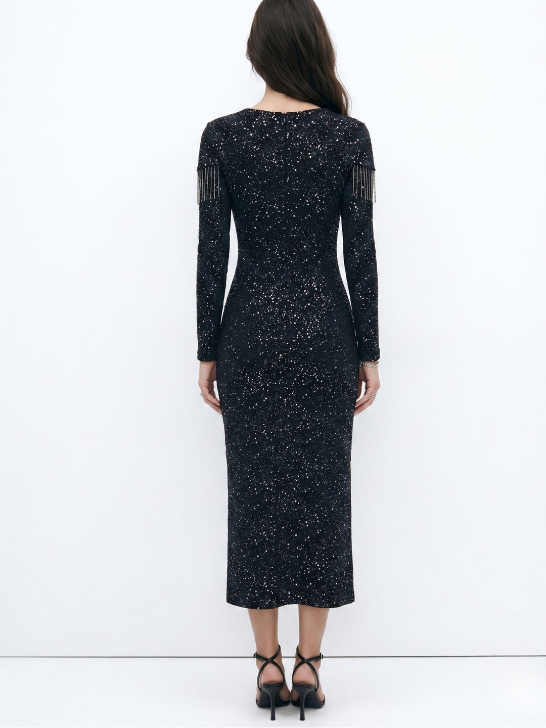 Black Cinched Waist Embellished Dress