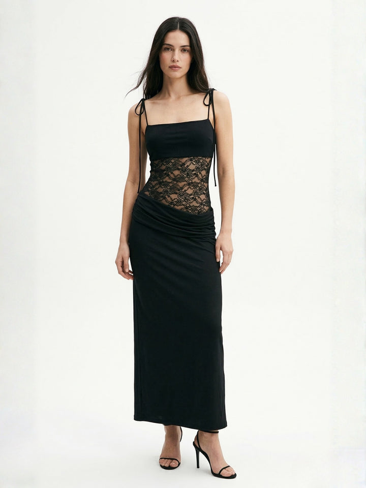 Black Spaghetti Strap Lace Detail Dress