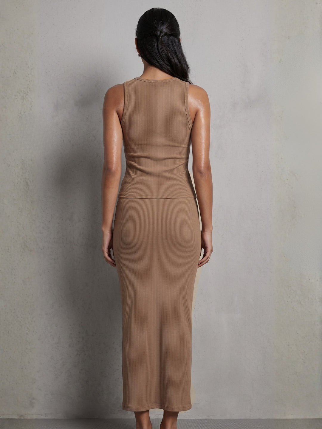 Khaki Sleeveless Top And Skirt Set