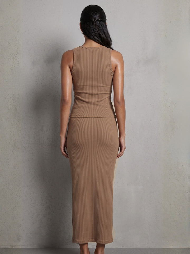 Khaki Sleeveless Top And Skirt Set