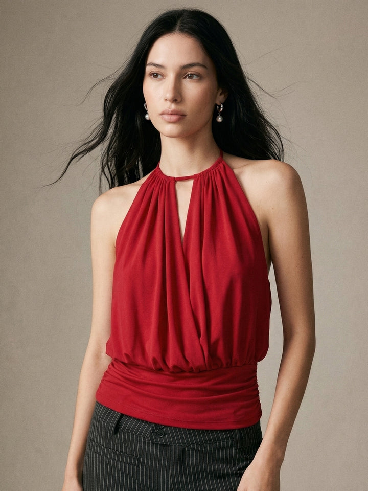 Red Halter Cowl Neck Top