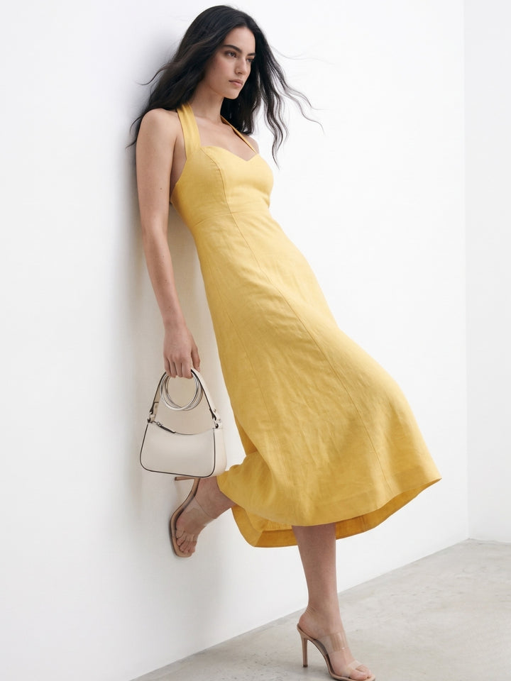 Yellow Halter Neck Sweetheart Neck  Dress