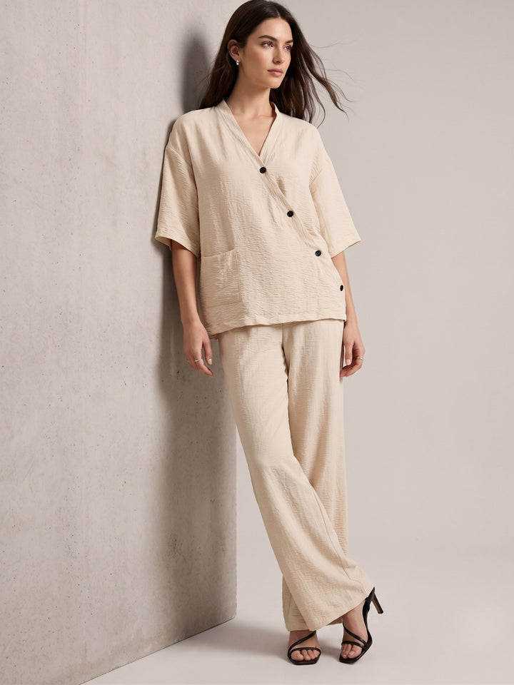 Beige V Neck Blouse With Wide Leg Trousers Co-Ord Set
