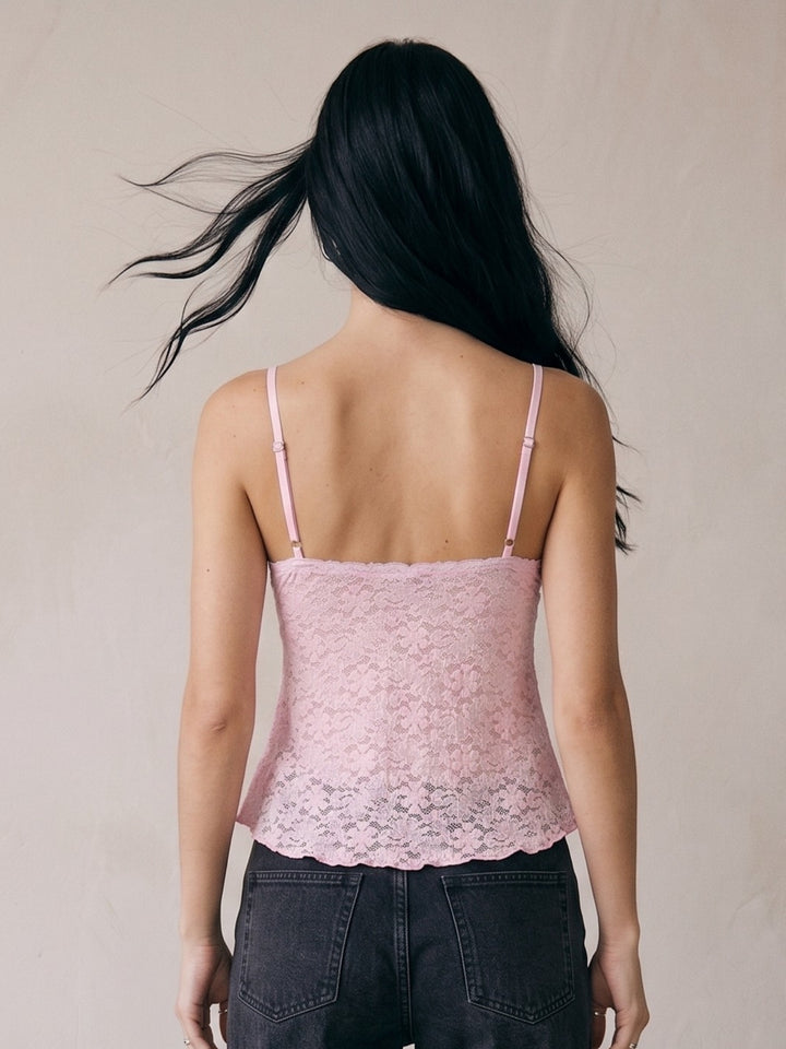 Pink Plunge Neck Lace Camisoles With Asymmetric Hem