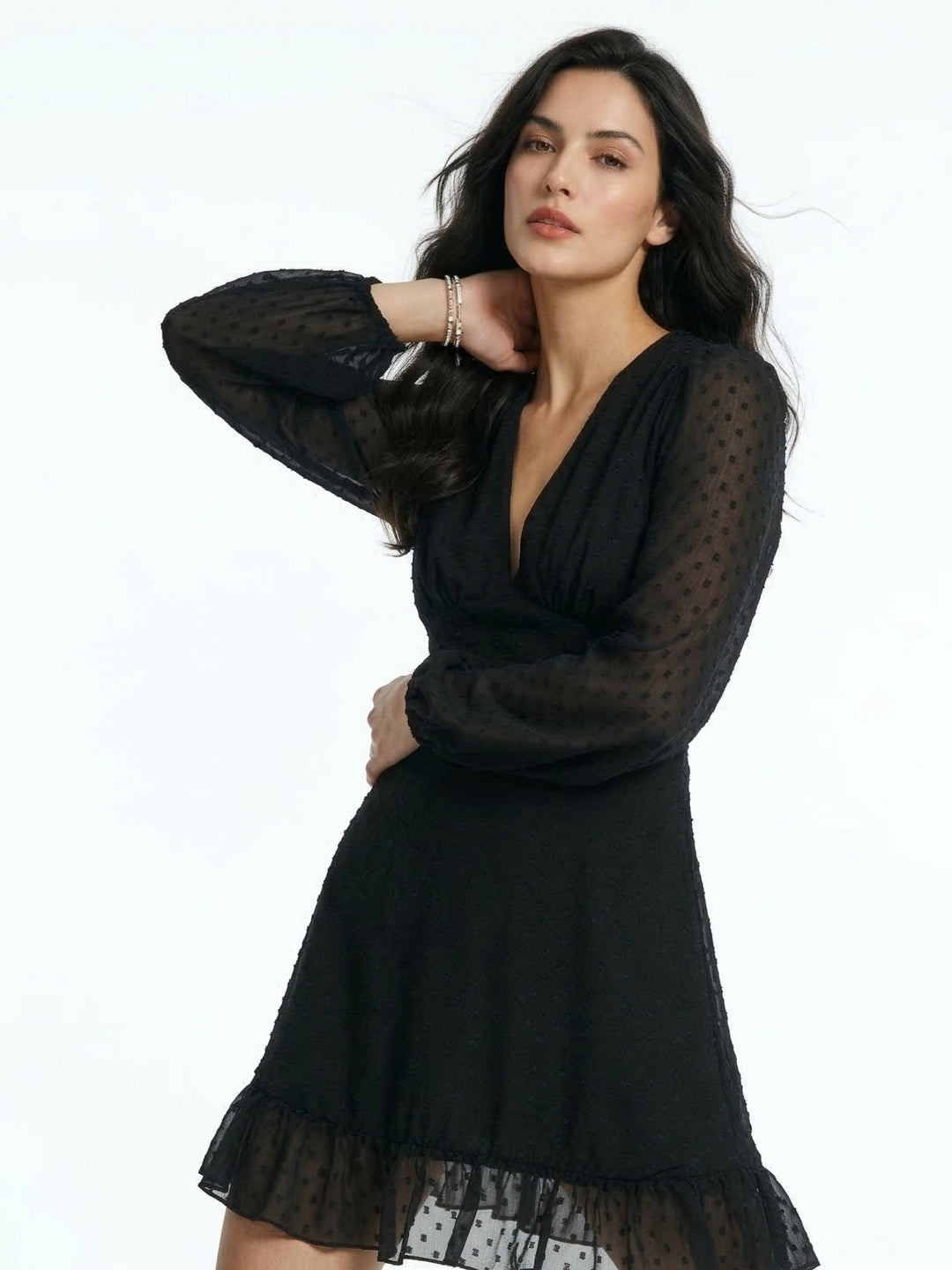 Black Bishop Sleeve V Neck Dress