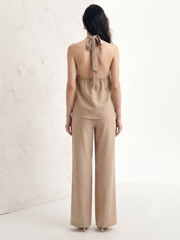 Beige Cross-Halter Neck Top And Pant Set