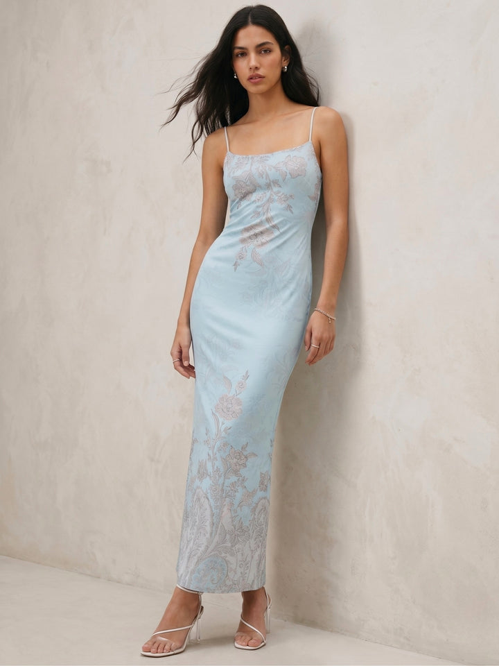 Light Blue Strapy Floral Printed Dress