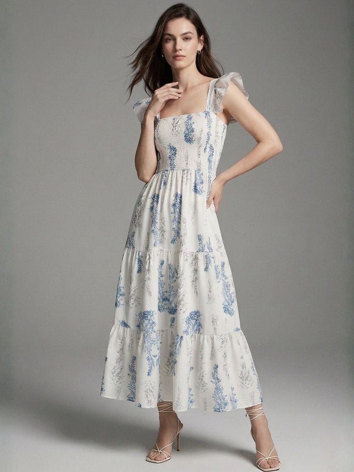 Off White Ruffle Sleeve Tiered Floral Printed Dress