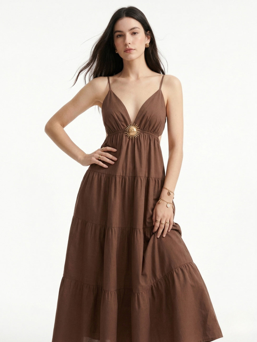 Brown Spaghetti Strap Metal Detail Dress