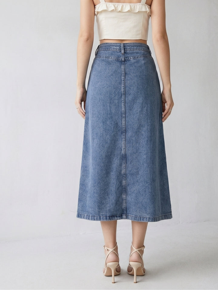 Blue Wrap Midi Denim Skirt With Waist Tie Up Detail