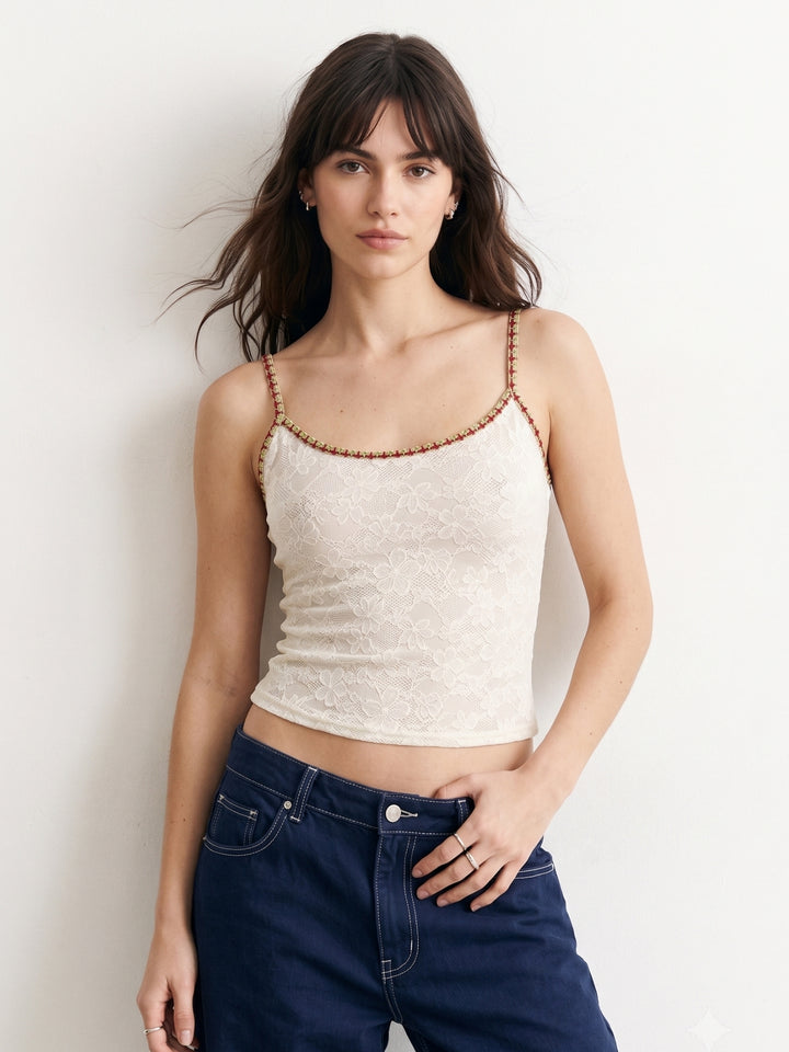 Cream Spaghetti Strap Lace Edge Tank