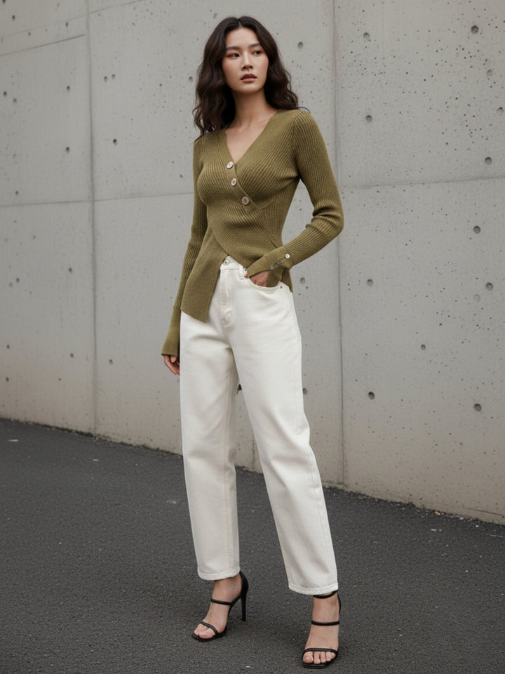 Olive Full Sleeve Wrap Asymmetrical Hem Top