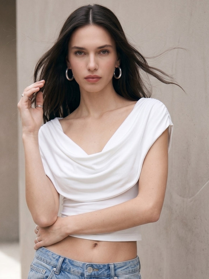 White Solid Fitted Cowl Neck Top
