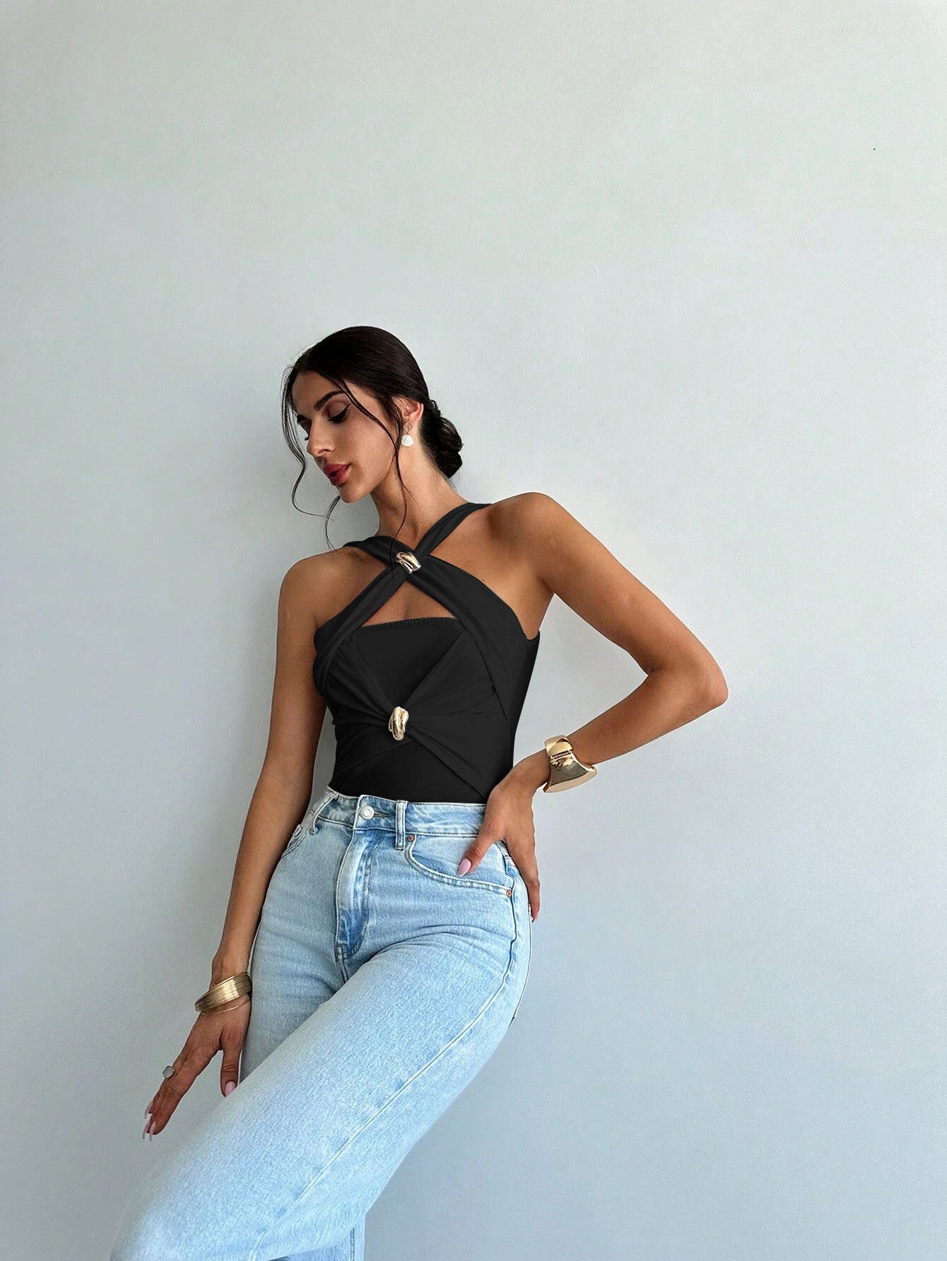 Black Cross Over Metal Buckle Top