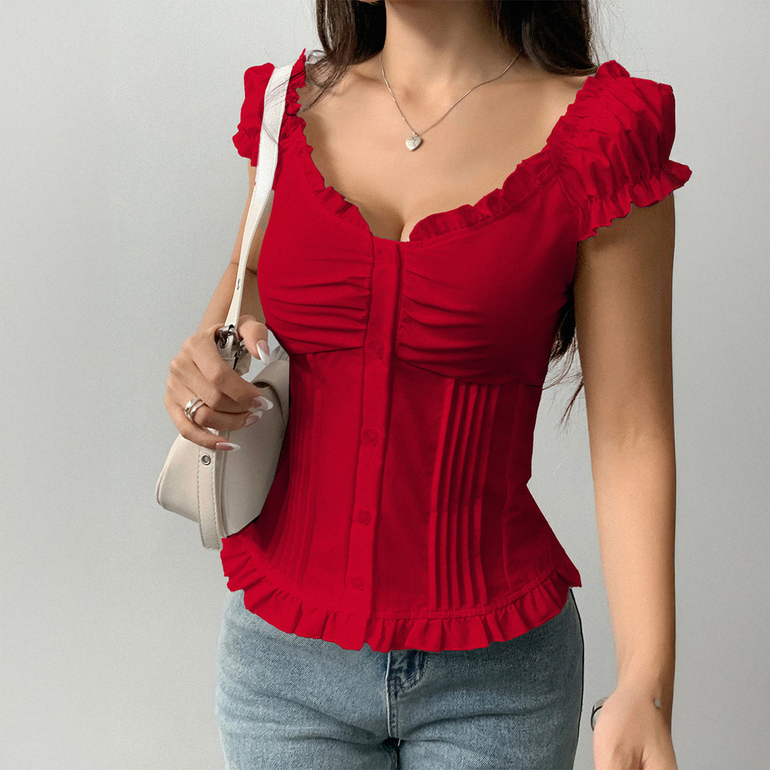 Red Off Shoulder Front Button Pleated Top