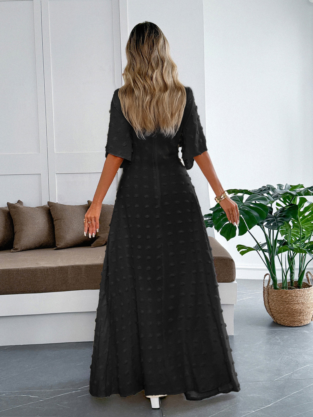 Black Flare Sleeve V Neck Dress