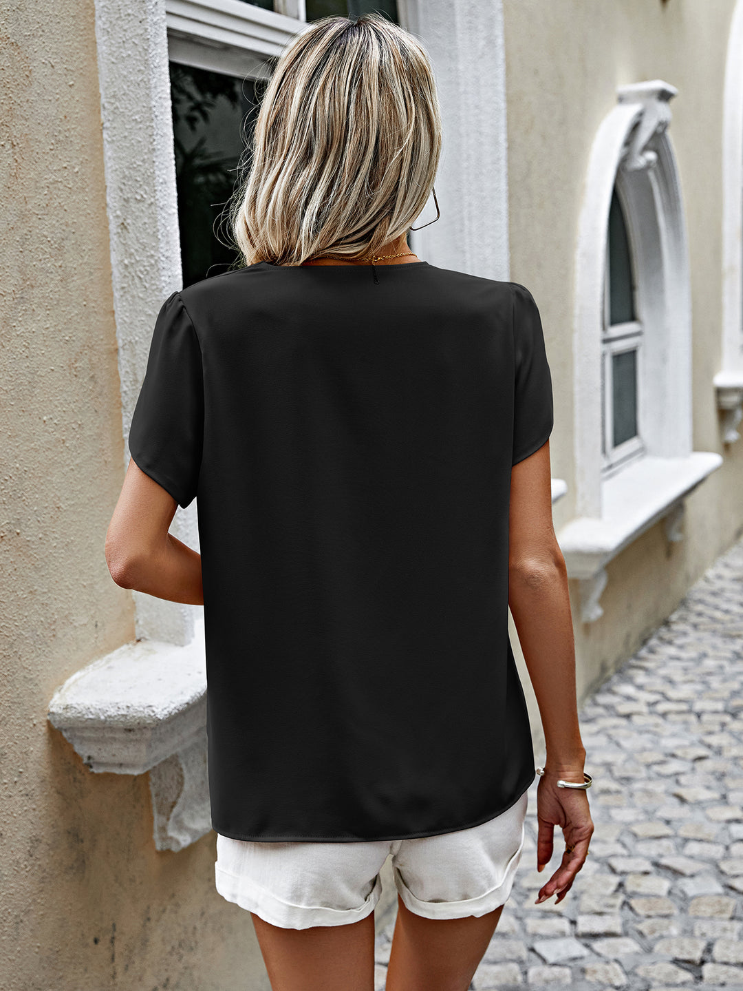 Black V Neck Button Down Blouse