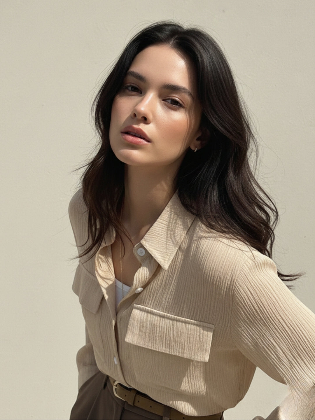 Beige Textured Double Pocket Shirt