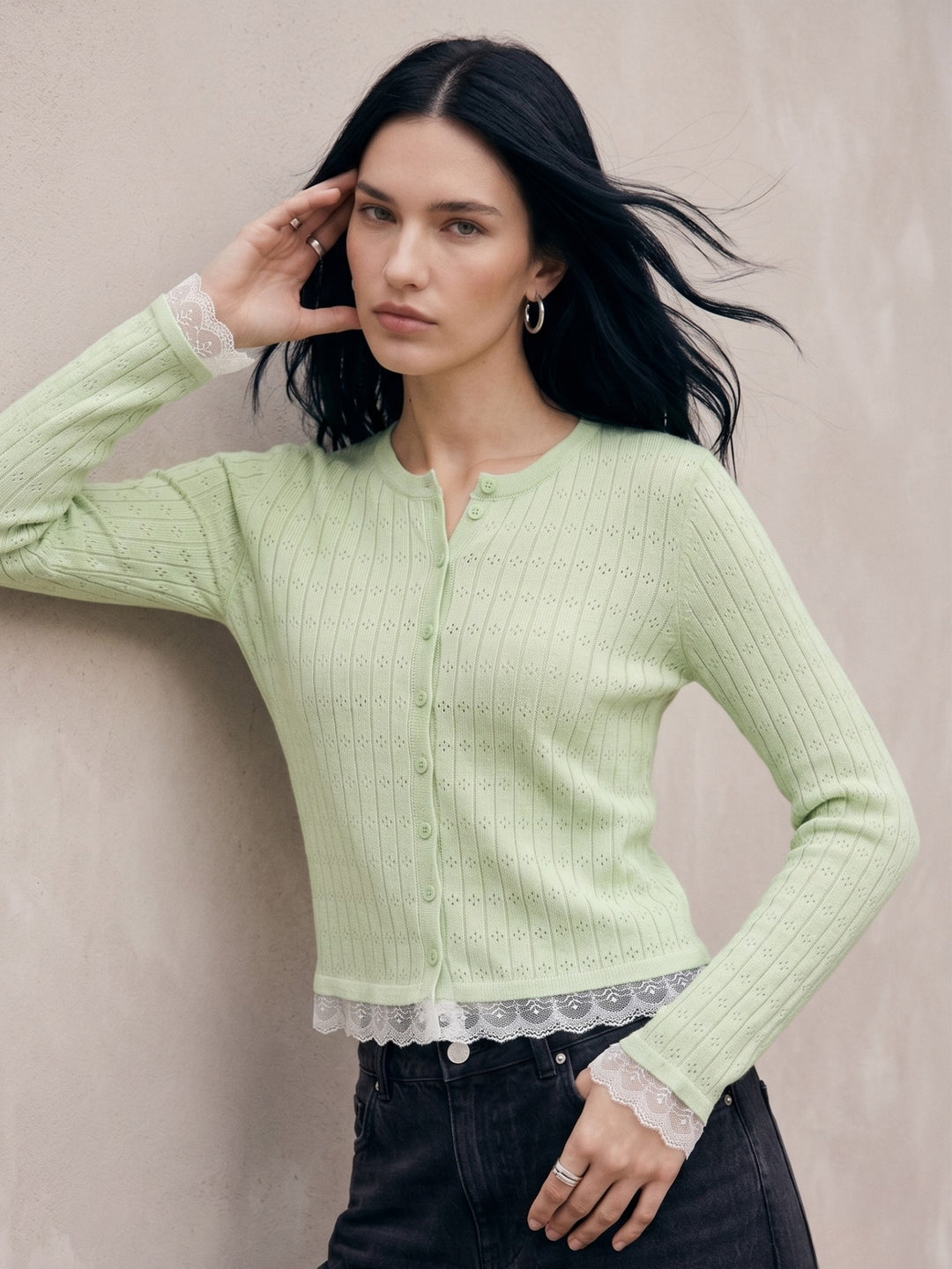 Mint Button Down Top With Lace Inserts At Hem And Sleeves