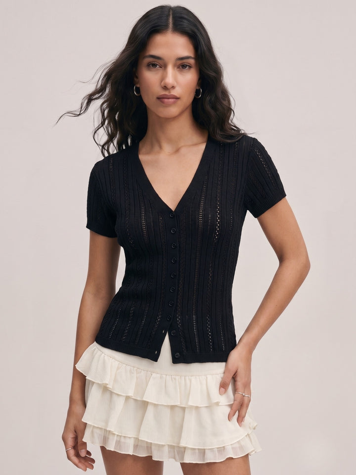 Black Textured Front Buttoned Top