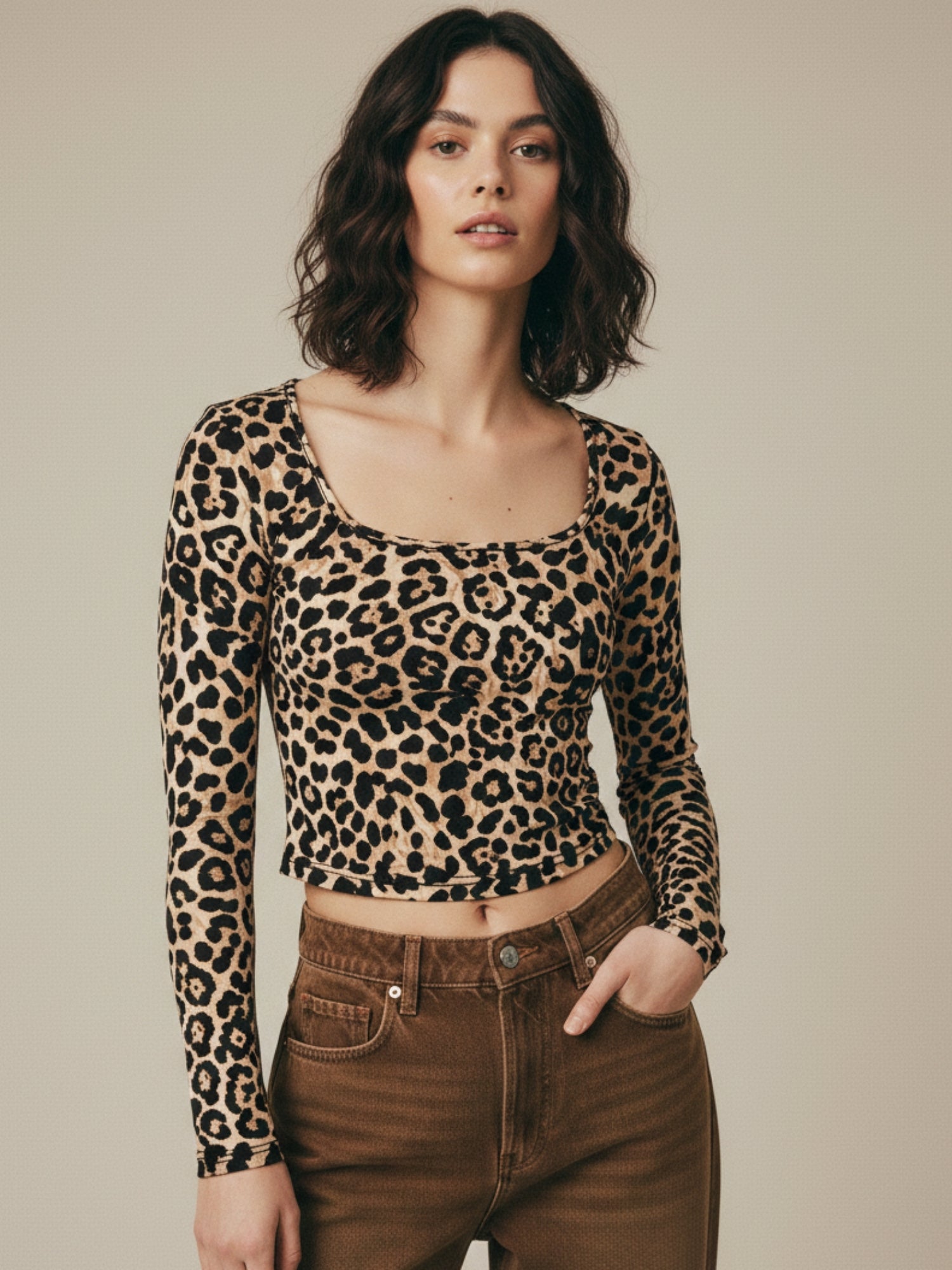 Brown Full Sleeve Square Neck Top