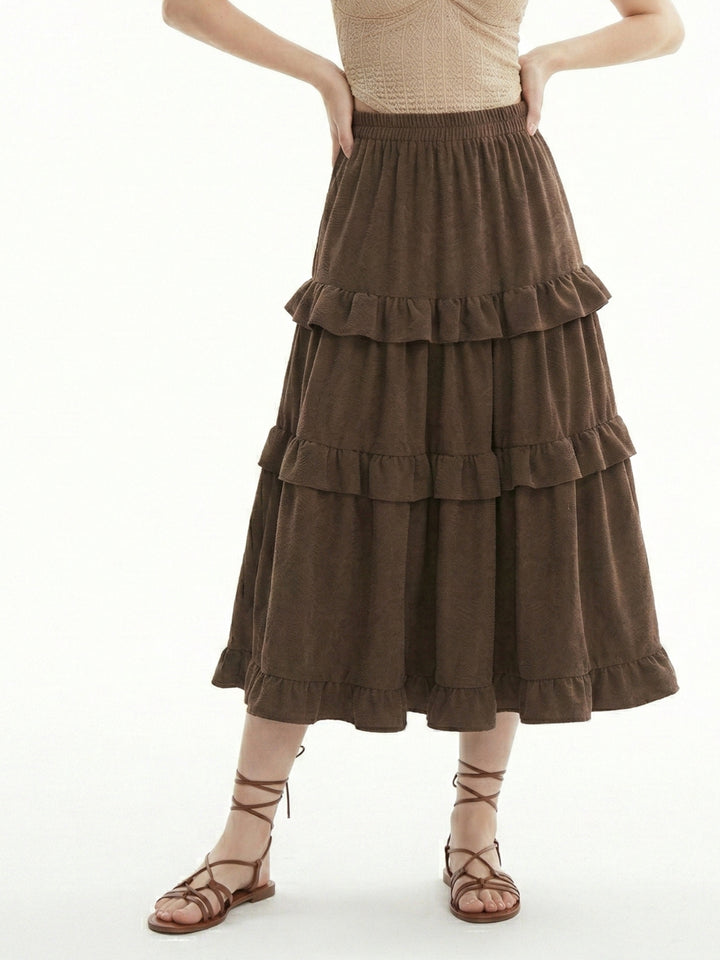 Brown Tiered Ruffle Detail Flared Skirt