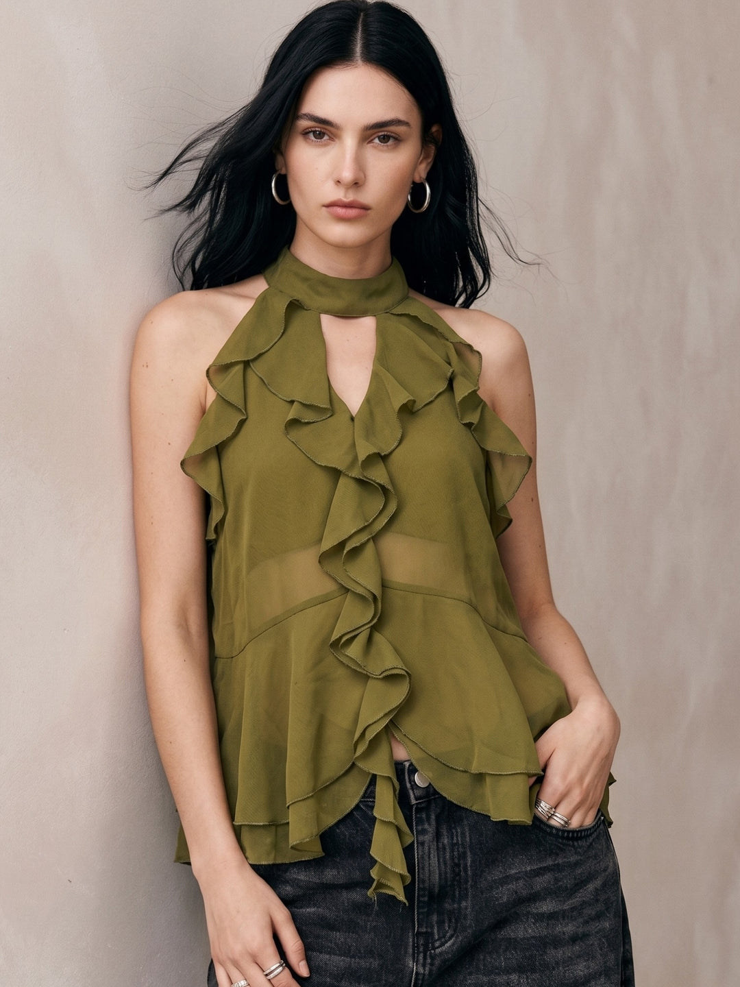 Olive Halter Neck With Ruffles Top