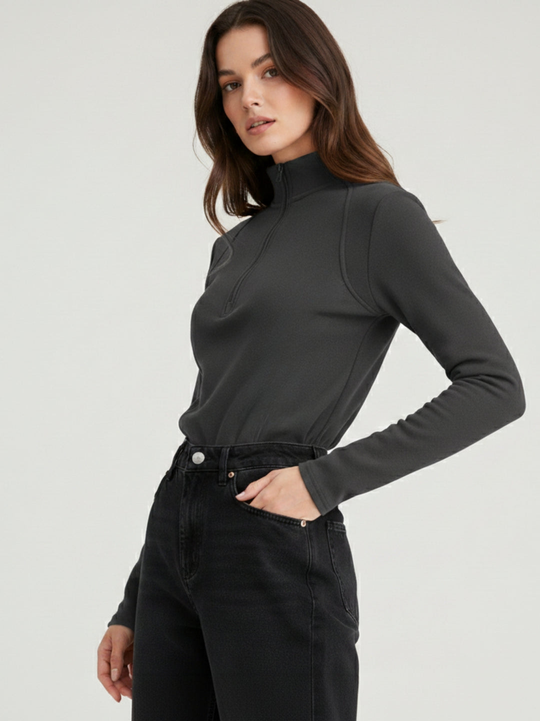 Charcoal Full Sleeves Half Zip Sweatshirt