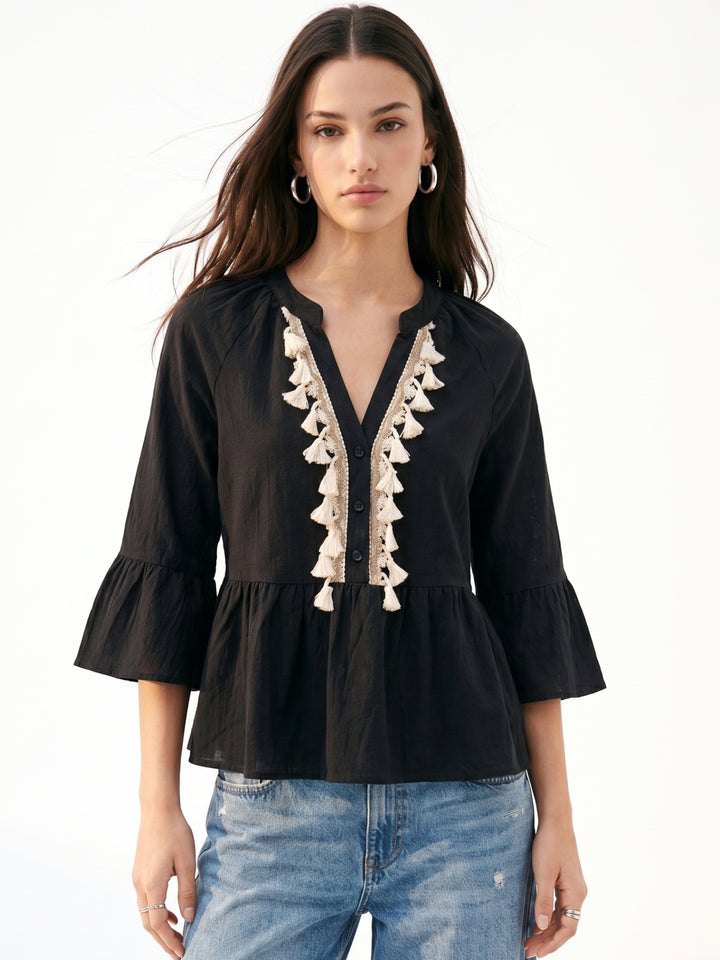Black Tassel Detail Collared Top