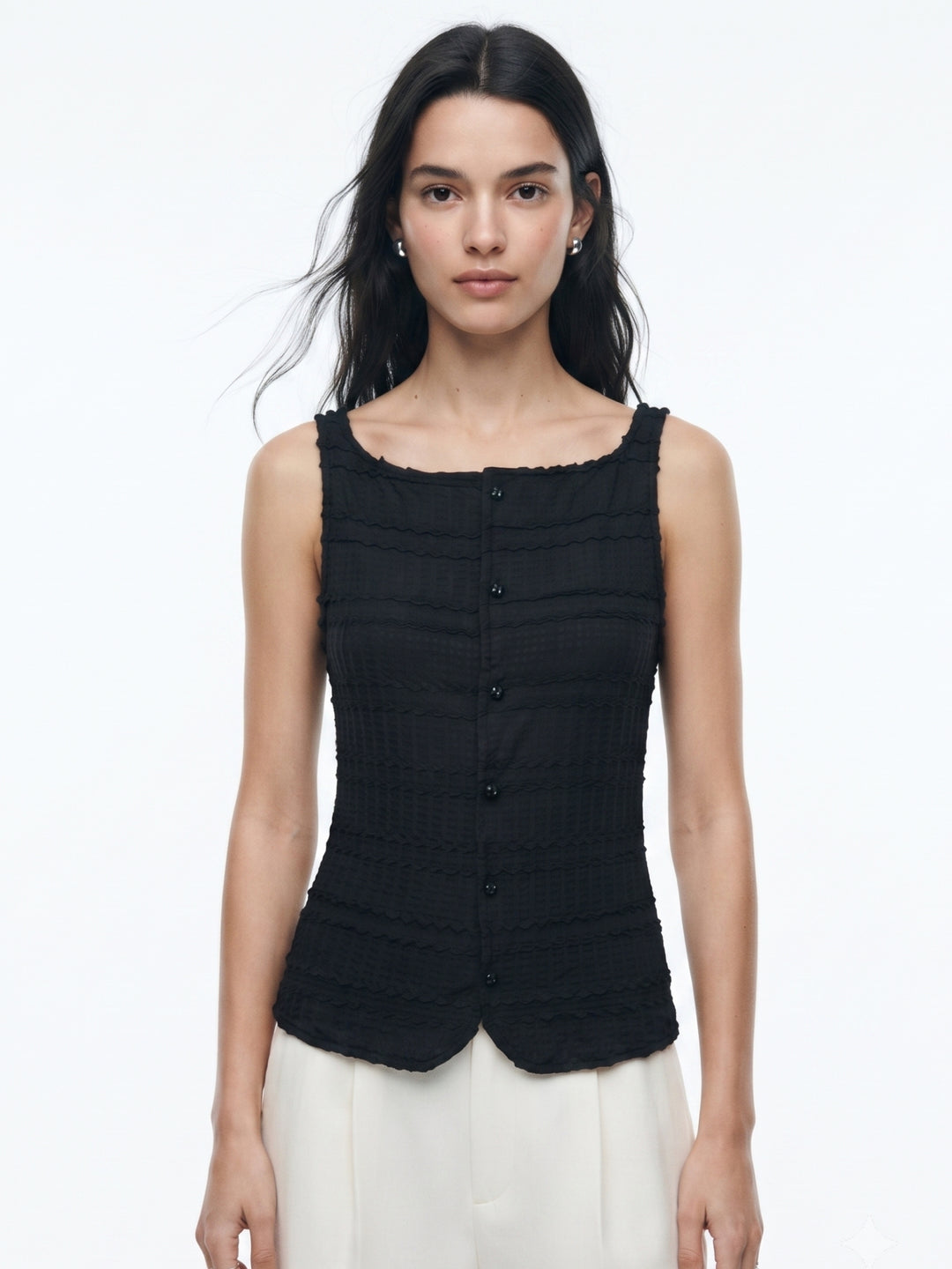 Black Sleeveless Front Buttoned Textured Vest