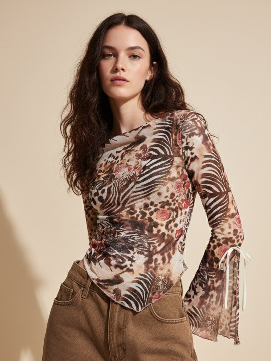 Multi Boat Neck Printed Mesh Top
