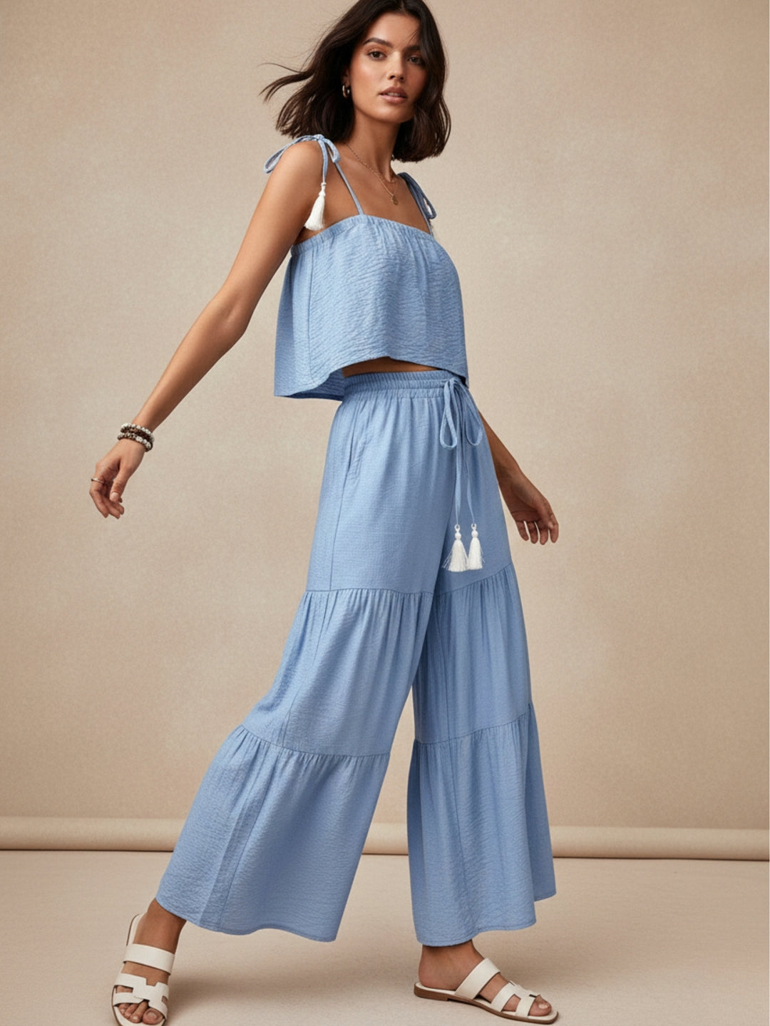 Blue Shoulder Tie-Up Top And Tiered Pant Set