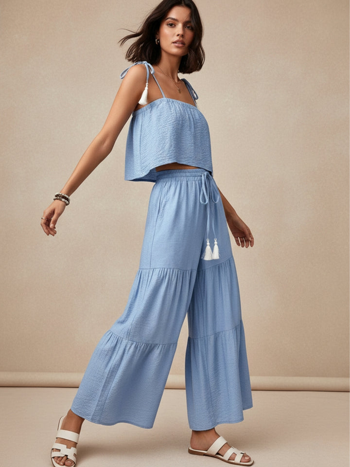 Blue Shoulder Tie-Up Top And Tiered Pant Set