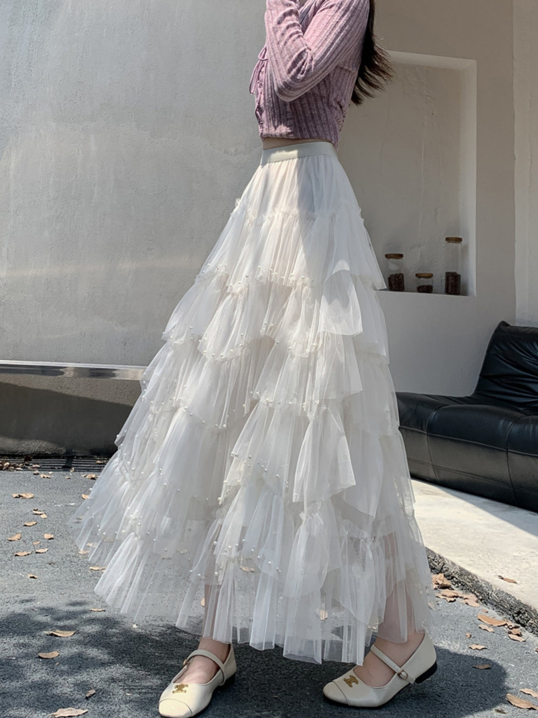 White Sheer Multi Ruffled Hem Tiered Skirt